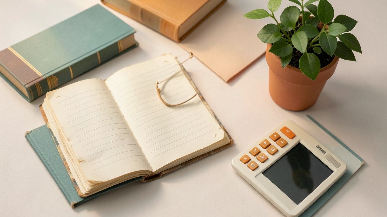 An overhead view of a study desk with an open college notebook, a small stack of books, and a hands-on calculator beside a clear glass of water. The layout suggests planning and