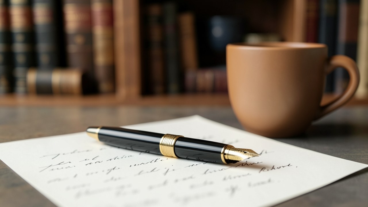 A close view of an open fountain pen resting on a document, a cup of coffee aside, with a blurred bookshelf in the background, suggesting writing and careful review.