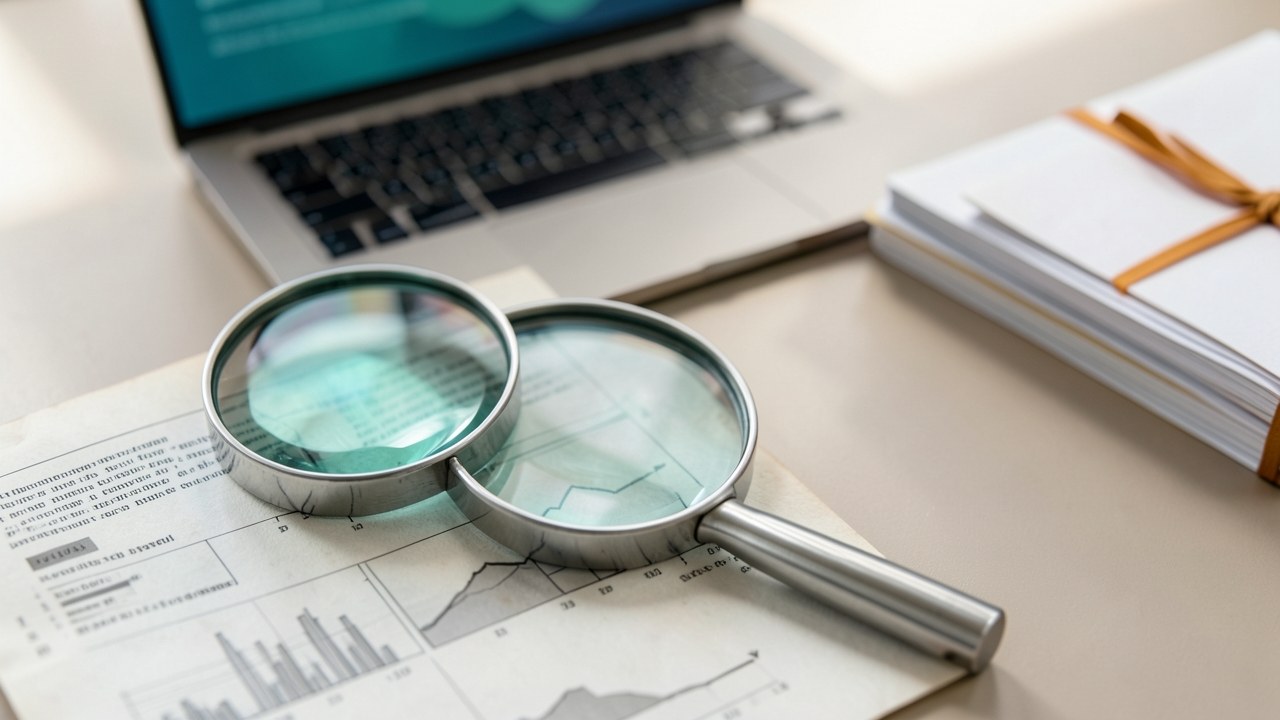 A magnifying glass over a printed research paper, with a laptop not in focus and a neat stack of papers, implying fact-checking and review.