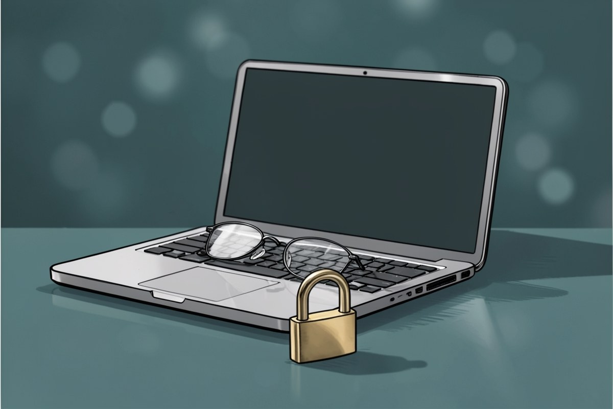 A pair of metal rimmed glasses rests on a closed laptop, with a small lock icon in a dark blue background, suggesting privacy and security.