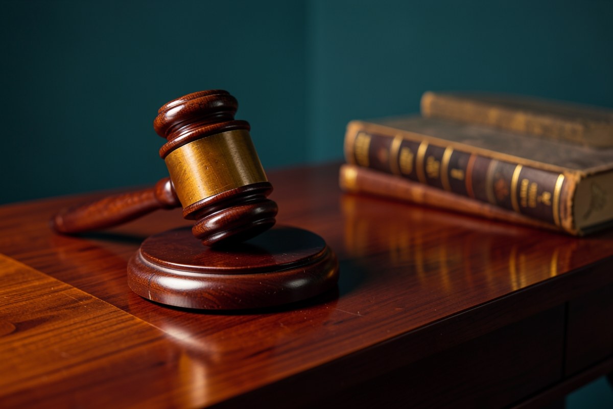 A gavel on a wooden surface next to law books, conveying legal terms and agreements.