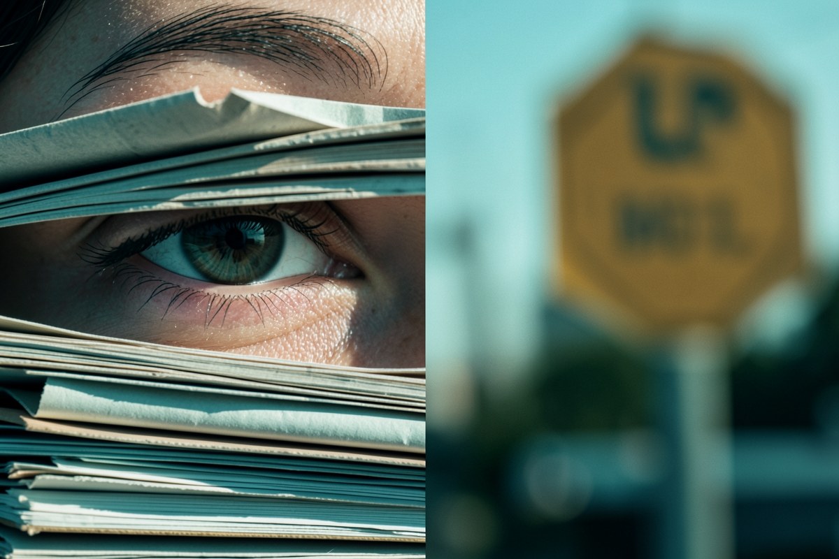 A watchful eye over a stack of documents with a warning sign in soft background, symbolizing caution.