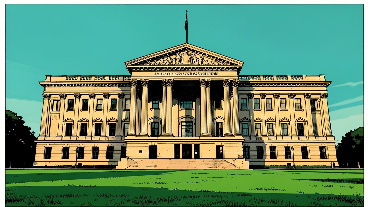 A government building viewed from across a manicured lawn, conveying steps and official programs.