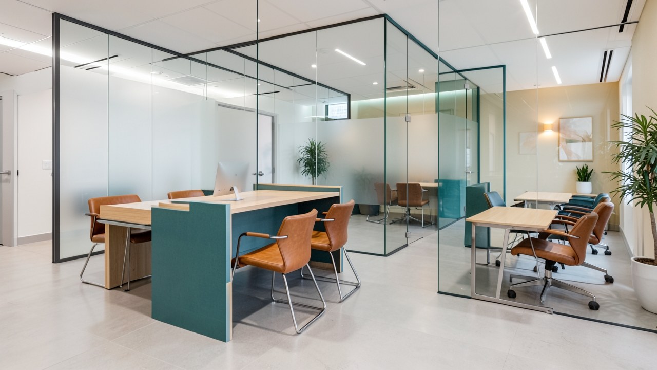 An sleek modern bank interior with glass and subtle lighting, conveying private lending.