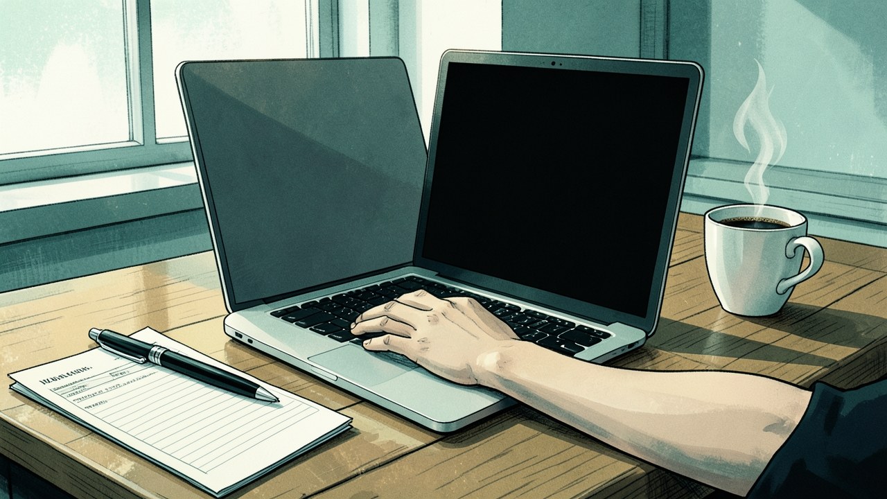 A person typing on a laptop with a paper FAFSA form and a pen, but not readable, while a coffee cup sits nearby.