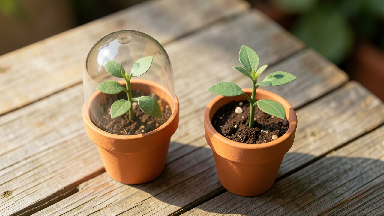 Two separate small plant saplings in two pots, one with a protective dome and the other without, symbolizing subsidized and unsubsidized interest growth.