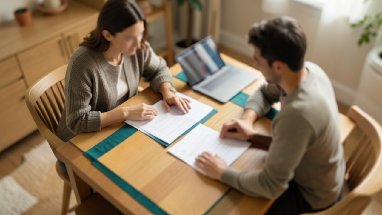 A parent and a student looking over documents together at a table, but faces are not visible, no text.