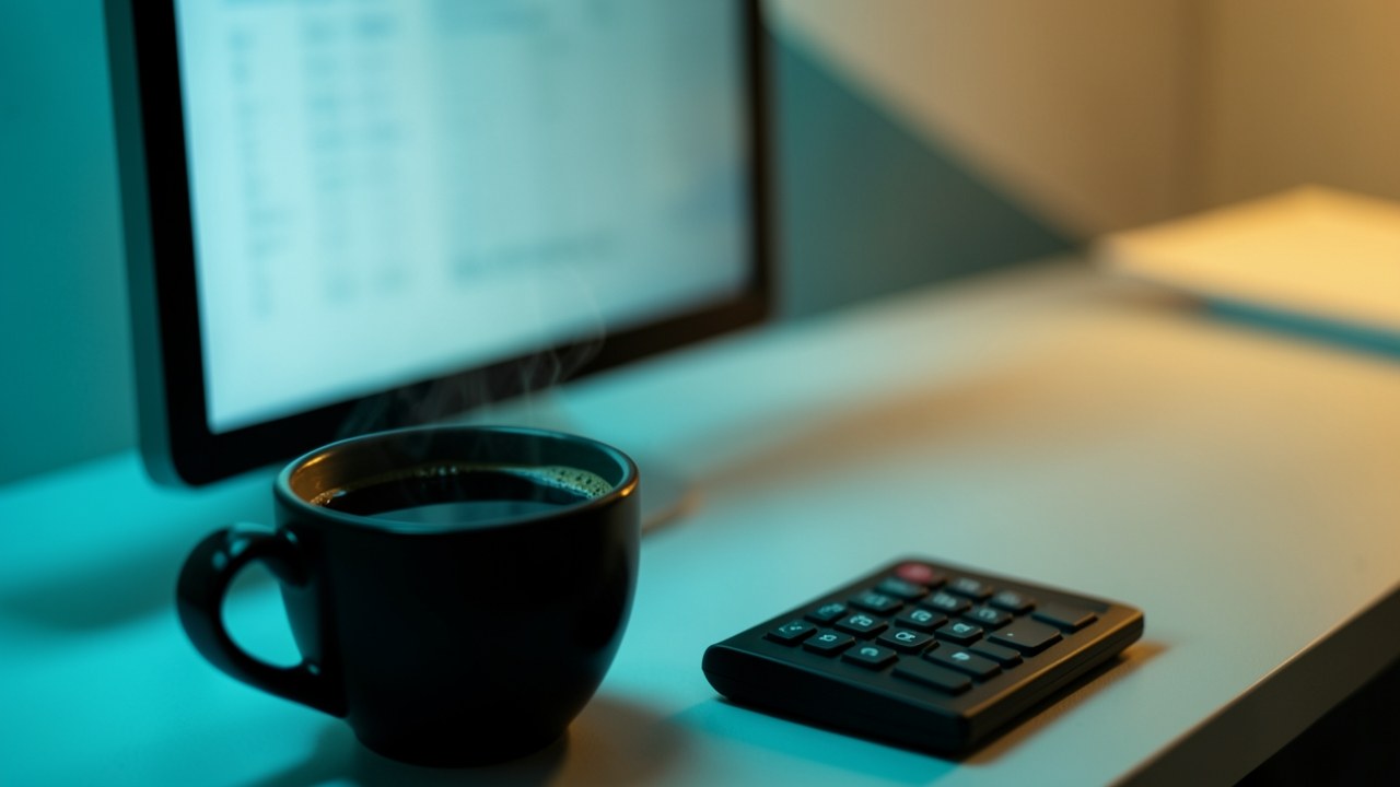 An upward trending stock chart on a screen is blurred, with a coffee cup, symbolizing rate changes.