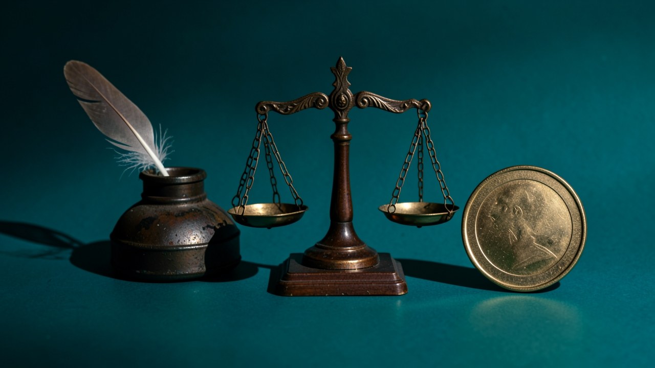 A side-by-side comparison of two different objects: a government-style inkwell and a modern coin, on a surface with a scale in between, symbolizing comparison.