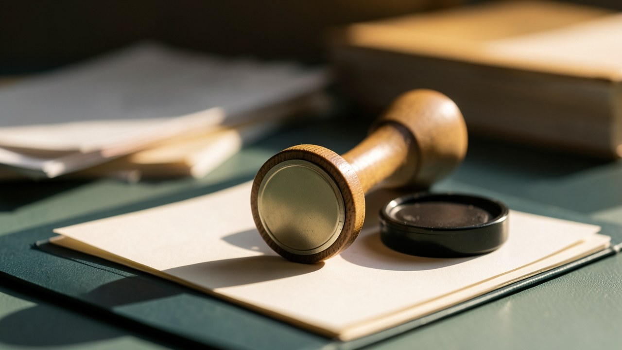 A worn rubber stamp with a blank seal lies on old documents, symbolizing forgiveness.