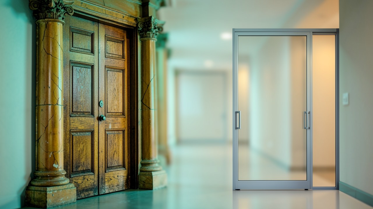 Two different doors: a classic pillar-like door on the left and a modern glass door on the right, with a pathway leading to them, symbolizing federal vs private.