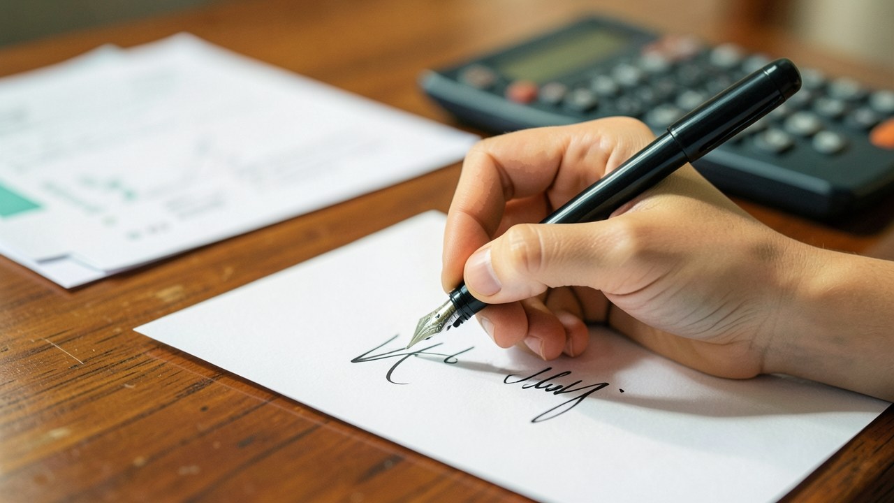 A person signing a new loan document with a pen, but the text is illegible, with a calculator nearby.