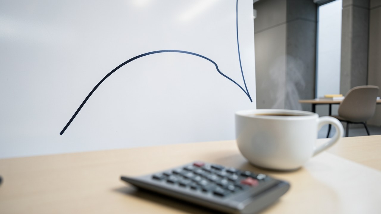A simple line graph drawn on a whiteboard with an upward curve, but no numbers, next to a percentage symbol is blurred.