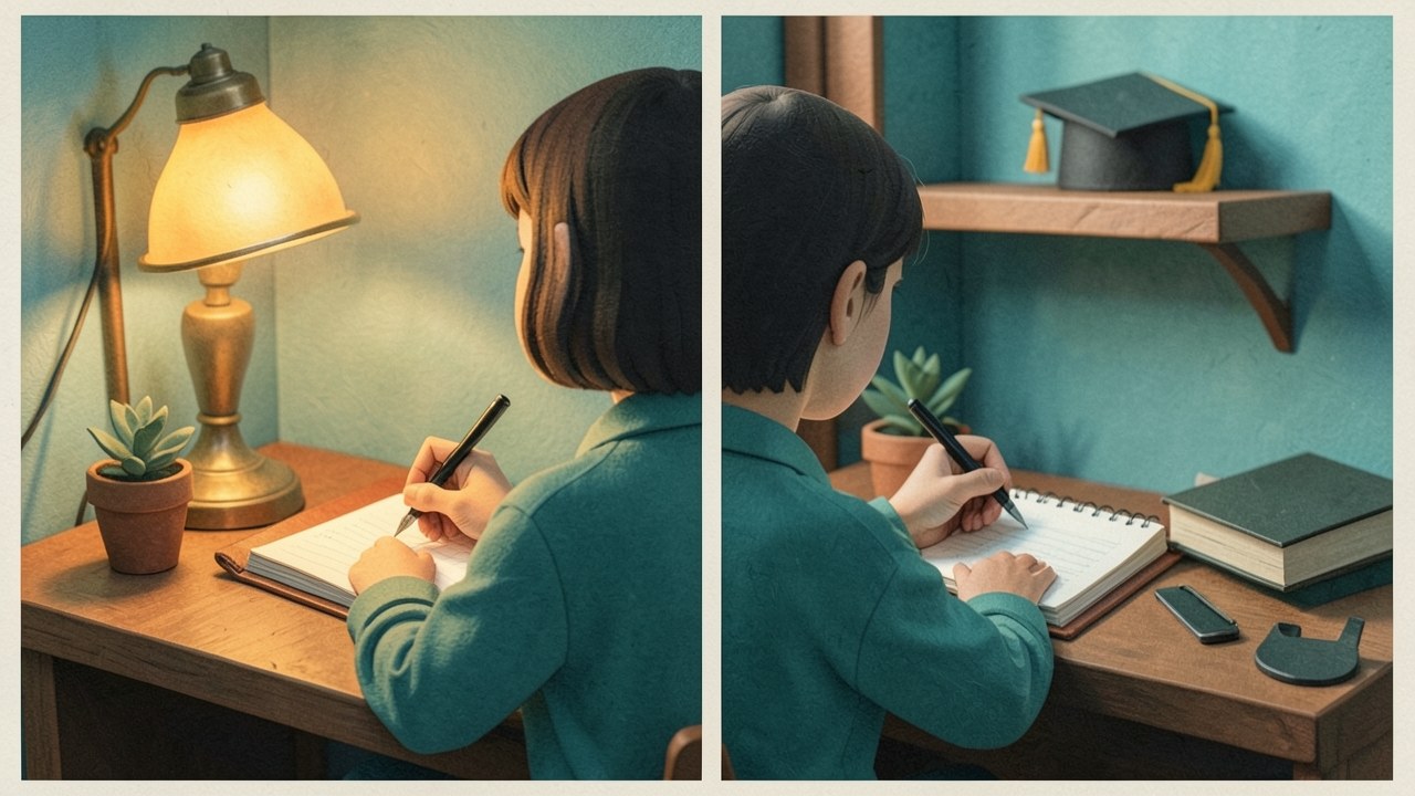 A young adult writing in a planner with a high school cap in the background, but his face is not visible.